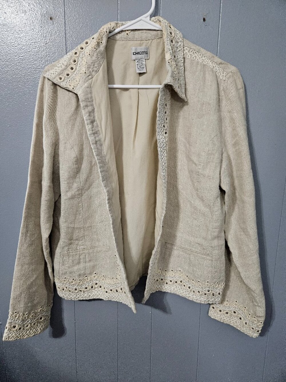 Chico's Linen Blazer Size 1 Beige Shimmer Metallic Eyelet Trim